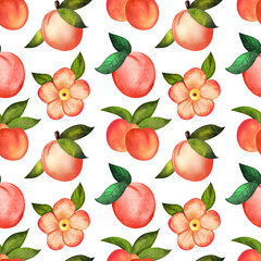 Illustration digital watercolor seamless pattern of peach and flowers
