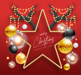 Merry Christmas and happy New Year poster with christmas holiday decorations. Christmas holiday background. Star shape with horns. Vector illustration