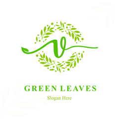 Elegant Creative Modern Initial v Letter with Circle Leaves Frame for Eco Friendly Fashion, Beauty Cosmetic, Make up, Soap, Environment Consultant Service Business Logo Vector Idea Design