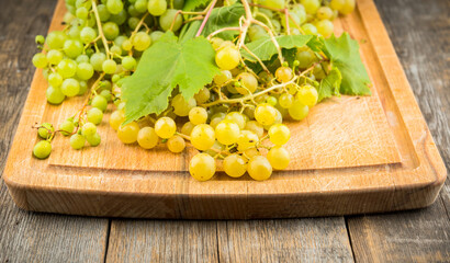 Freshly harvested green grape bunch on the wooden cutting board. Selective focus. Shallow depth of field.
