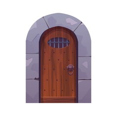 Antique medieval wooden door with metal round handle and lined with stones. Gothic entrance, gate in a castle, church or house.