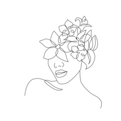 Female Floral Head Line Art Drawing. Flower Head Woman Line Drawing for Wall Art, Print, Poster, Social Media. Flower Woman Minimalist Art. Vector EPS 10