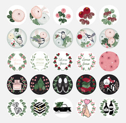 Vector illustration of the floral icon collection set, decorating with flowers and leaves. Design for invitation card, icon, sticker and blog