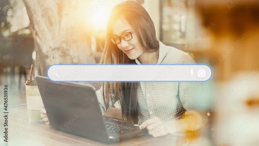 Poster Adult woman using laptop in the cafe for searching browsing internet data information. Business concept for Using search with your website.