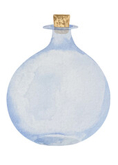 Watercolor blue empty bottle with stopper and tied with rope twine