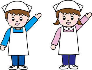 エプロンをつけている子供たち、調理実習にも