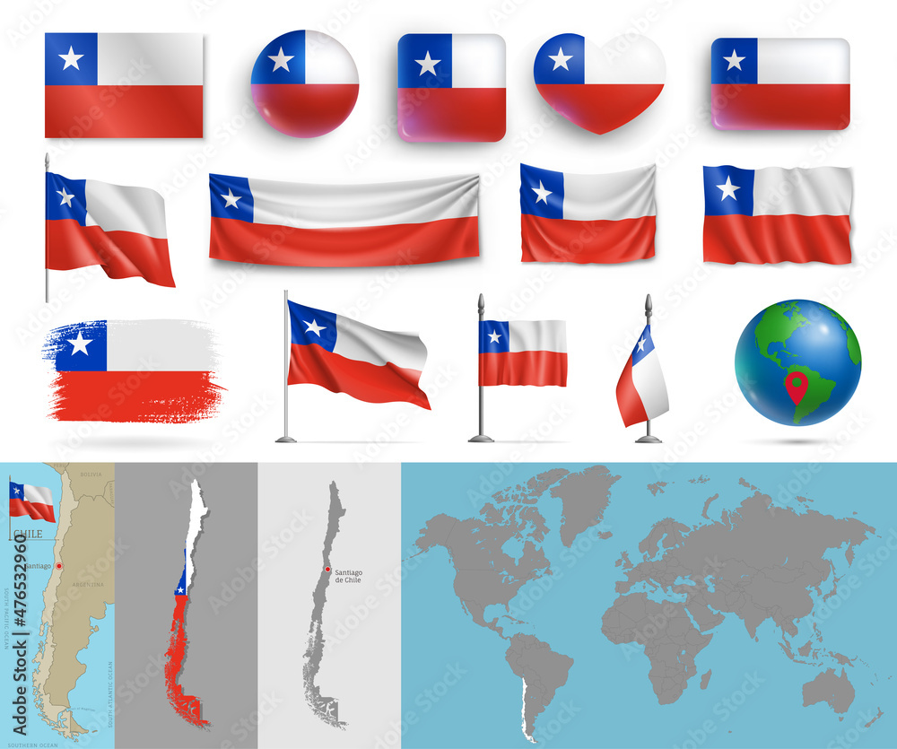 Wall mural chile flags of various shapes and country map set. realistic chilean waving flags, glossy buttons in