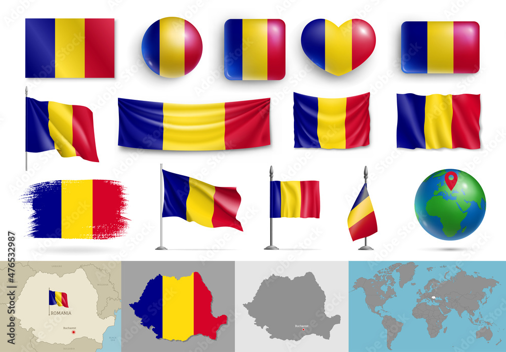Wall mural romania flags of various shapes and country map set. realistic romanian flags, glossy buttons in pat