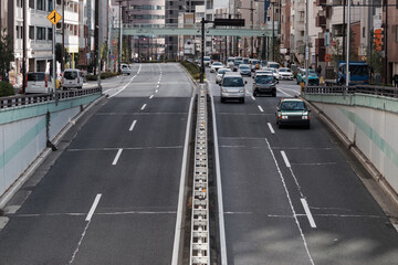 目黒通りと立体交差する山手通り風景　目黒、目黒区、東京、日本