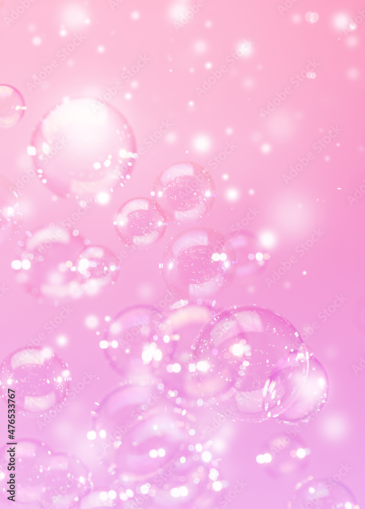 Wall mural Beautiful Transparent Shiny Pink Soap Bubbles Background. Celebration, White Bokeh Bubbles Backdrop. Christmas Wallpaper.