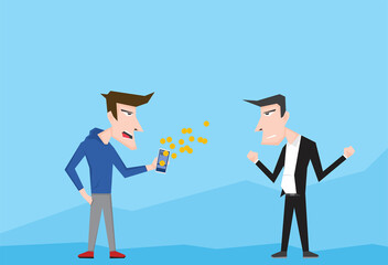 An illustration of businessman get some gold coin on the smartphone