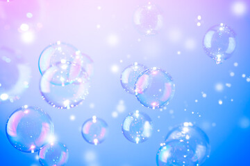 Beautiful Transparent Shiny Blue Soap Bubbles Background. Celebration, White Bokeh Bubbles Backdrop. Christmas Wallpaper.