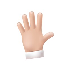 Cartoon character hand goodwill gesture. Open outstretched hand, showing five fingers, extended in greeting. 3d emoji vector illustration.