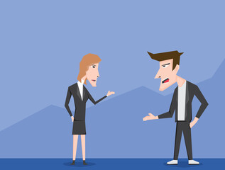 An illustration of business man and woman discuss each other