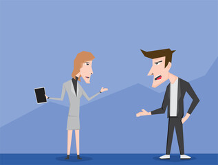 An illustration of business man and woman discuss each other