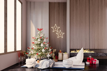 3d rendering,3d illustration, Interior Scene and  Mockup,The living room is decorated in the style of Christmas Satun. Many shapes of seats decorated in modern style.