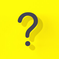 Question mark with shadow on yellow background. Technical support. Answers to questions. Square image. 3d image. 3D rendering.