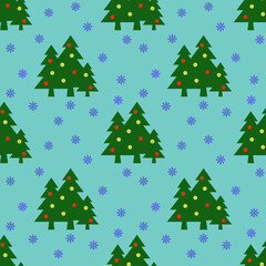 Obraz premium Seamless pattern. Image of green Christmas trees with balls and snowflakes on pastel green blue backgrounds. Symbol of New Year and Christmas. Template for applying to surface. 3D image. 3d rendering
