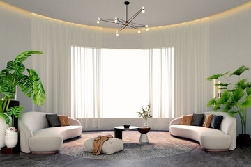 3d rendering,3d illustration, Interior Scene and  Mockup,Two white curved sofas in the living room decorated with a large central window plant.