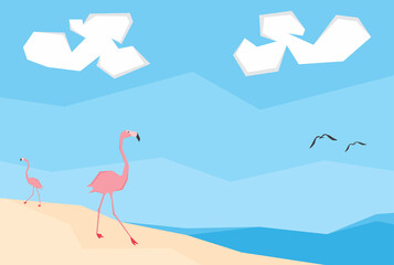 An illustration of pink flamingo at the beach