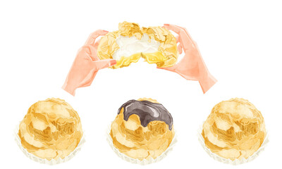 シュークリームの手描き水彩風イラスト