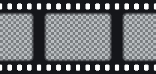 Old cinematic frame. Black photo roll on transparent background. Vintage video border. Retro camera reel with slide. Close-up cinema seamless strip. Vector illustration.