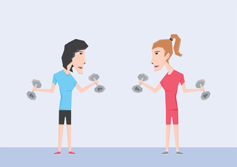 An illustration of two woman lifting dumbbells at the gym