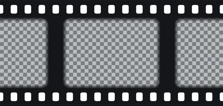 Old cinematic frame. Black photo roll on transparent background. Vintage video border. Retro camera reel with slide. Close-up cinema seamless strip. Vector illustration.