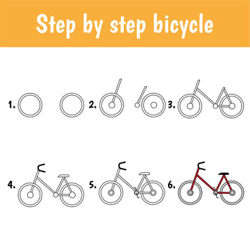 Drawing tutorial for kids. Easy level. Education sheets. How to draw bicycle