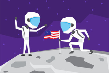An illustration of two astronauts sticking the American flag on the moon