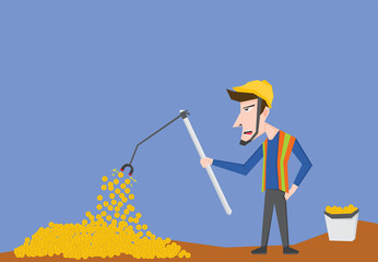 An illustration of a gold miner, mining some gold coin with magnet stick