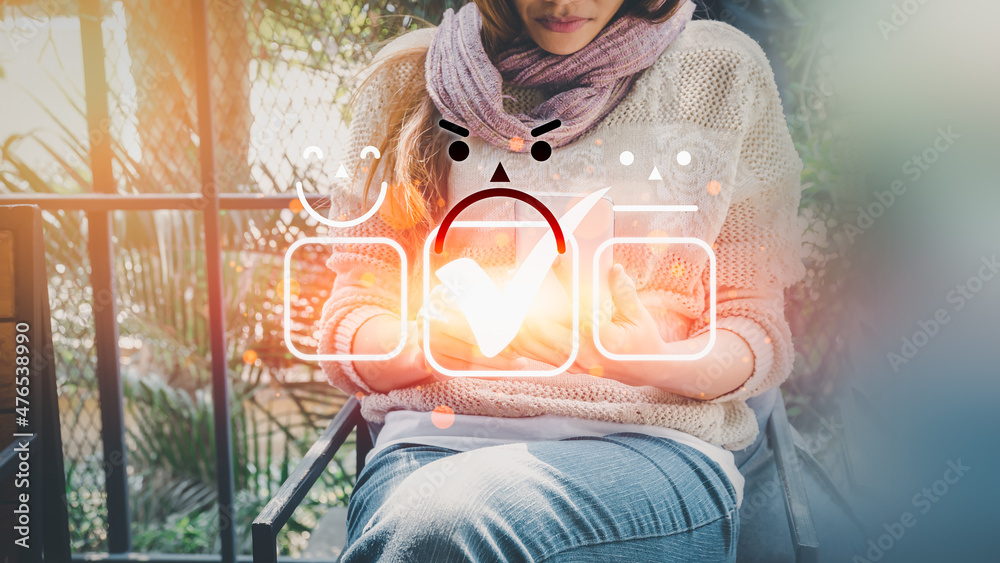 Poster unhappy woman using a smartphone in give rating to service experience on application. online custome