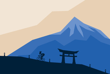 A simple illustration of a silhouette cyclist riding across Japanese gate Torii under the blue mountain