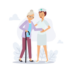 female Nurse is taking care the eldery. medical concept. Flat vector 2d cartoon character illustration