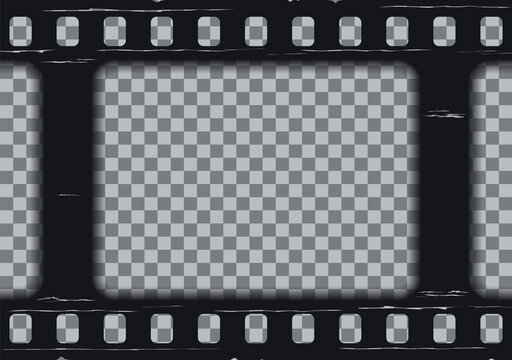 Old photo frame. Cinematic roll on transparent background. Vintage textured camera tape. Black movie reel with slides. Retro negative filmstrip. Close-up cinema strip. Video border. Vector illustratio