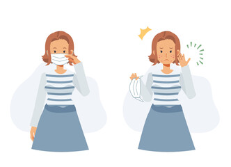 Acne caused wearing face mask.Maskne concept.pimples. skin problems .Flat vector cartoon character illustration.