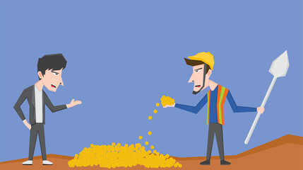 An illustration of a businessman and a gold miner with some gold coin