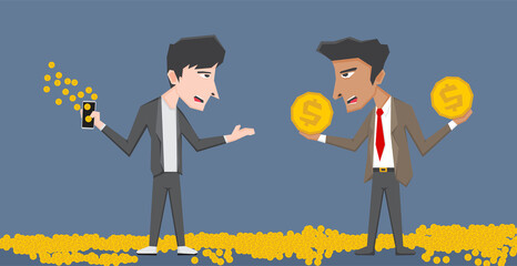An illustration of two businessman get some gold coin 