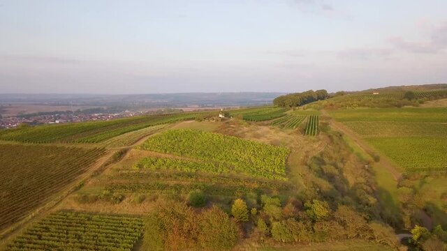 Luftaufnahme Drohnenpanorama eines Flonheimer Trullos und der Weinberge Rheinhessens mit Sonneruntergang im Herbst, Rheinland Pfalz nahe Alzey