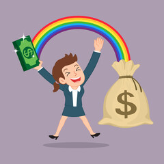 Happy businessman holding banknotes from a big bag with rainbow, Illustration vector cartoon