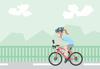 Fototapeta na wymiar An illustration of woman using phone while riding bicycle