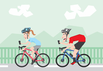 Fototapeta na wymiar An illustration of two cyclist using phone while riding bicycle