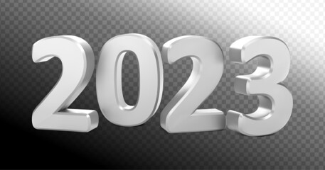 2023 silver decoration holiday on transparent background. Metallic numeral 2023. Happy new year 2023 holiday. Realistic 3d vector illustration