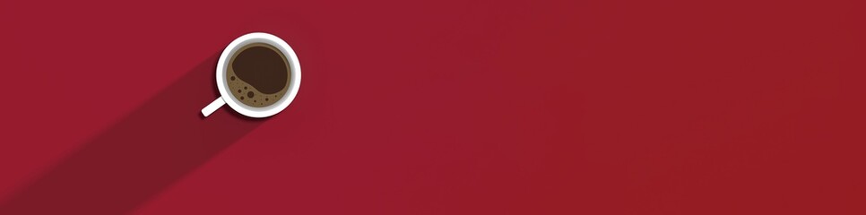 a white cup of coffee on red background. long shadow from cup. invigorating drink. horizontal image. Banner for insertion into site. 3D image. 3D rendering.