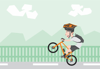An illustration of a boy riding bike and doing wheelie trick - obrazy, fototapety, plakaty
