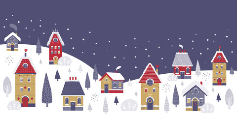 Cozy snowy night town on background of a winter landscape. Cute christmas houses, falling snow, snowdrifts, winter forest. Happy New Year and Merry Christmas. Horizontal banner in Scandinavian style.