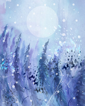 Watercolor painting, drawing. Coniferous forest. Winter countryside landscape. Blizzard,snowfall. Splash of abstract paint. Spruce, pine, cedar in the winter forest. Wild herbs, snow-covered plants