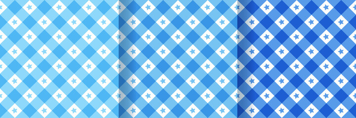Gingham check seamless pattern. Set of flannel backgrounds. Vichy retro prints. Blue textures with stars. Plaid blanket wallpapers. Simple buffalo backdrop. Cloth textile grid. Vector illustration.