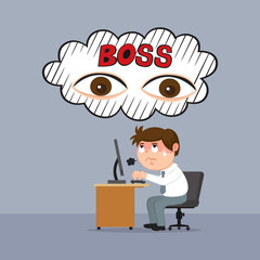 Male employee at work is working under the big eyes of the boss is watching, Illustration vector cartoon