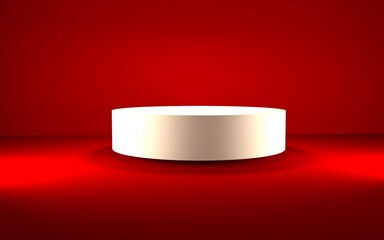 Abstract minimal scene with geometric forms. White podium in red background. Product presentation, mock up, show cosmetic product display, Podium, stage pedestal or platform. 3d render.